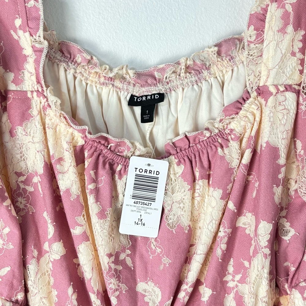 Torrid 1 Pink Cream Abstract Lace Mini Dress Babydoll Tiered Cottagecore Casual - Picture 13 of 14